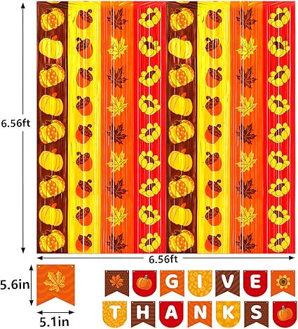 Thanksgiving Backdrop 2Pack Foil Fringe Curtains with Give Thanks Banner Fall Decor