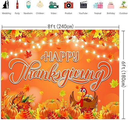8x6FT Happy Thanksgiving Backdrop Autumn Harvest Maple Leaves Turkey Pumpkin Decor