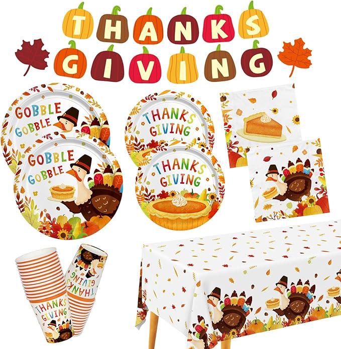 Thanksgiving Turkey Party Kit - Autumn Dinnerware Set with Plates, Cups & Decor