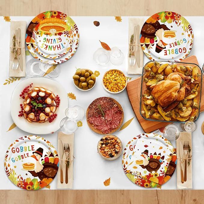 Thanksgiving Turkey Party Kit - Autumn Dinnerware Set with Plates, Cups & Decor