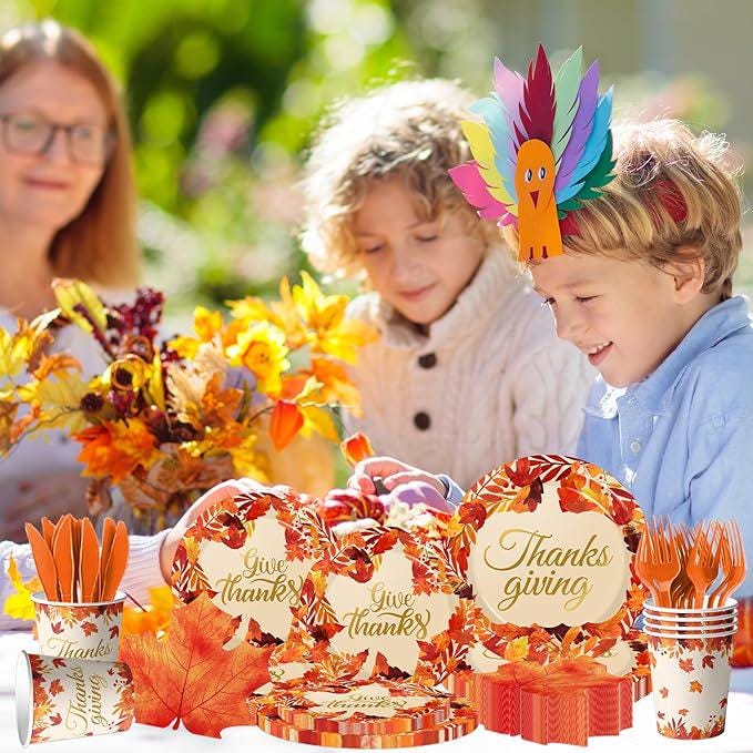 144PCS Thanksgiving Fall Tableware Set - Maple Leaf Plates, Napkins, Cups & Forks