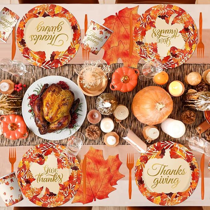 144PCS Thanksgiving Fall Tableware Set - Maple Leaf Plates, Napkins, Cups & Forks