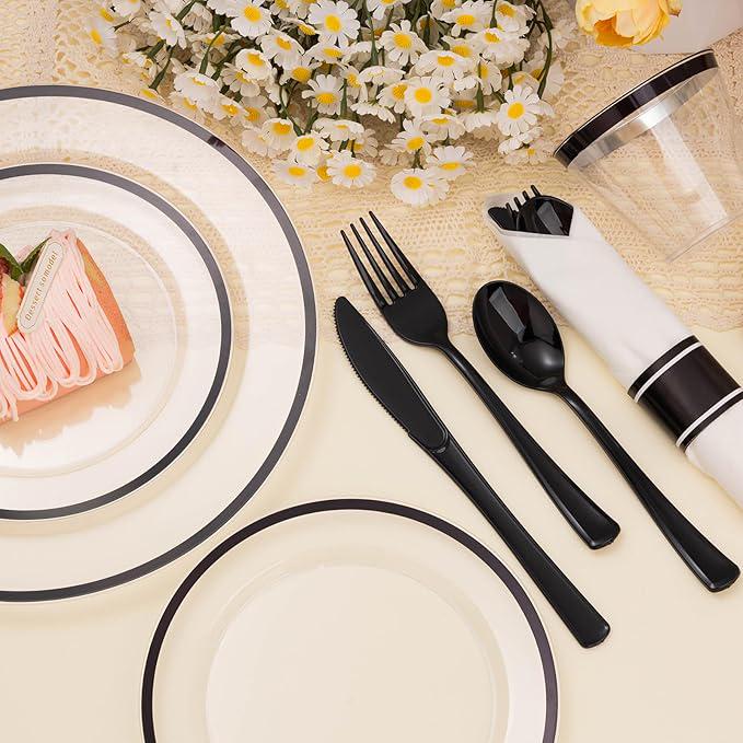 Black Rim Disposable Dinnerware Set: 50 Guests