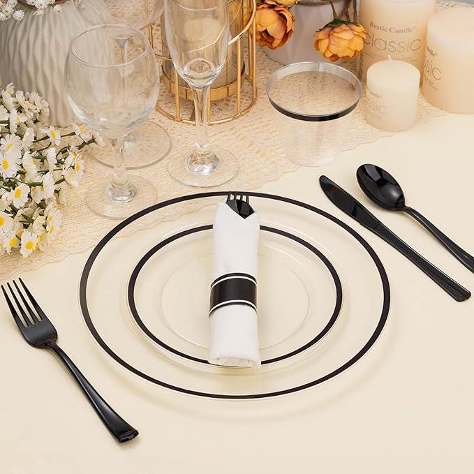 Black Rim Disposable Dinnerware Set: 50 Guests