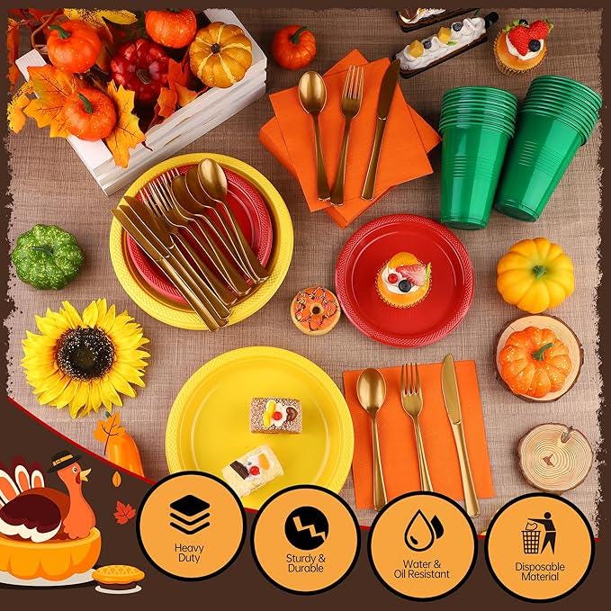 240PCS Fall Plastic Dinnerware Set with Plates Cups Napkins and Silverware for 30 Guests