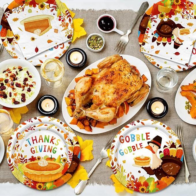 Thanksgiving Turkey Party Kit Autumn Disposable Dinnerware Set with Plates and Napkins for 50