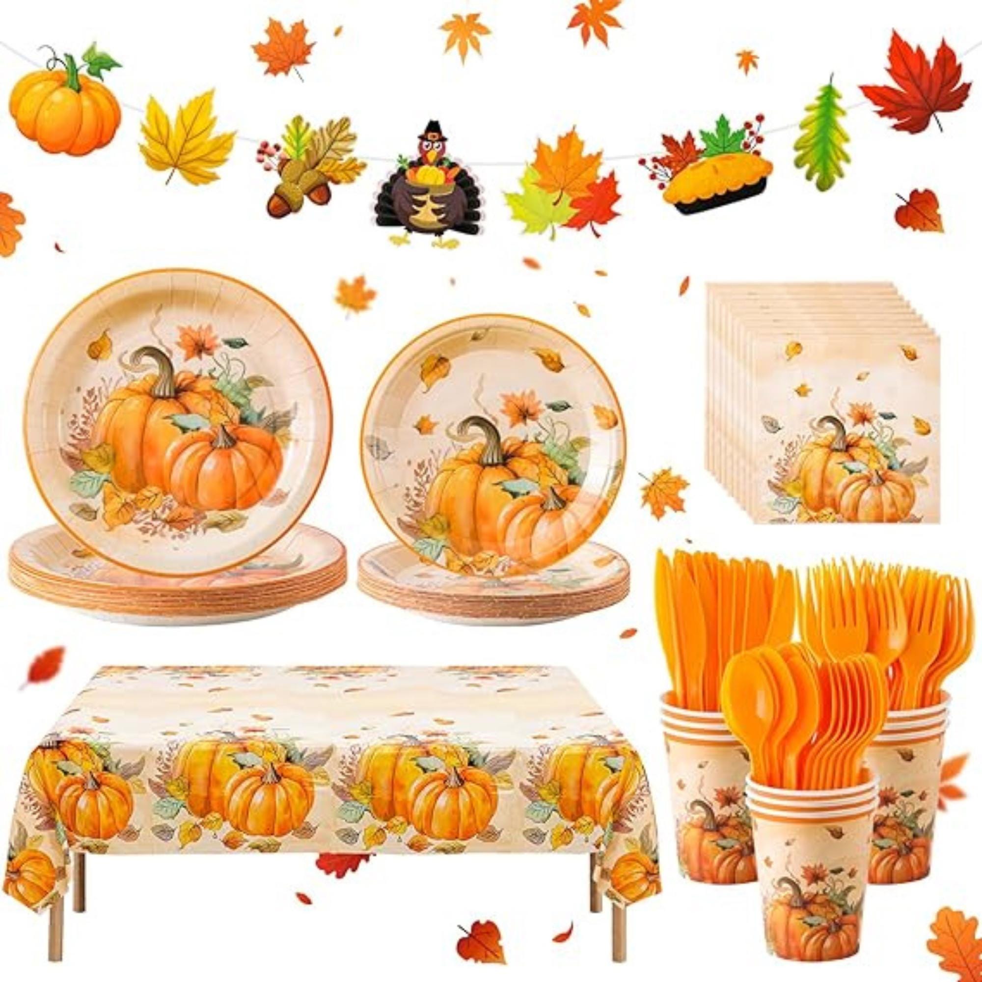 170PCS Thanksgiving Dinnerware Set for 24 Guests with Pumpkin Themed Plates for Fall Party