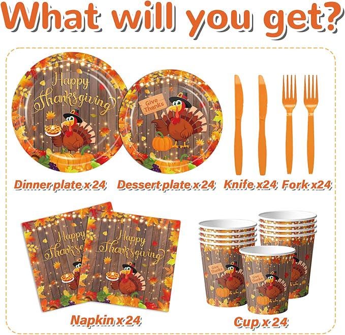 Thanksgiving Paper Dinnerware Set with Plates Napkins Cups and Cutlery for 24 Guests