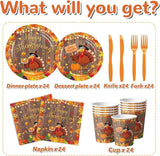 Thanksgiving Paper Dinnerware Set with Plates Napkins Cups and Cutlery for 24 Guests