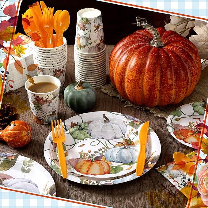 400pcs Fall Party Dinnerware Set Plates Napkins Cups Cutlery Autumn Pumpkin