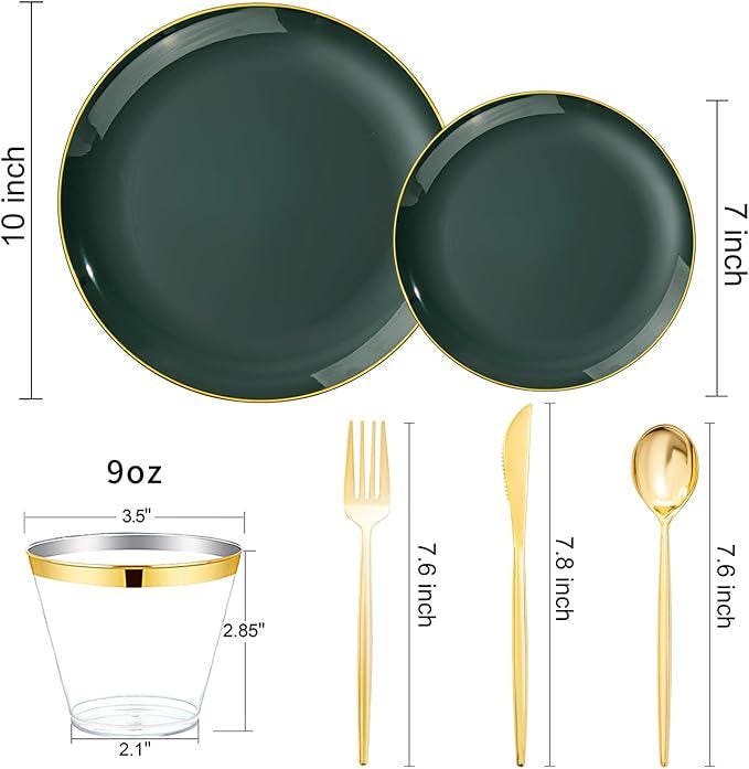 150pcs Green and Gold Disposable Plates Cutlery Cups Set for Party and Christmas