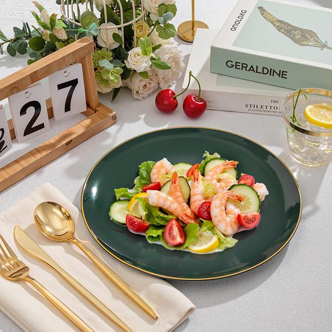 150pcs Green and Gold Disposable Plates Cutlery Cups Set for Party and Christmas