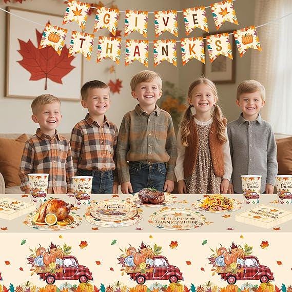 102pcs Thanksgiving Party Supplies Set Plates Napkins Cups Banner Tablecloth