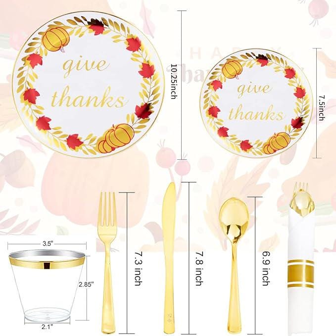 175pcs Thanksgiving Disposable Plates Set Gold Cutlery Cups Napkins Fall Party