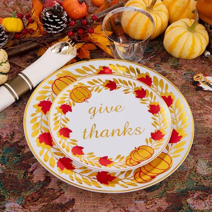 175pcs Thanksgiving Disposable Plates Set Gold Cutlery Cups Napkins Fall Party