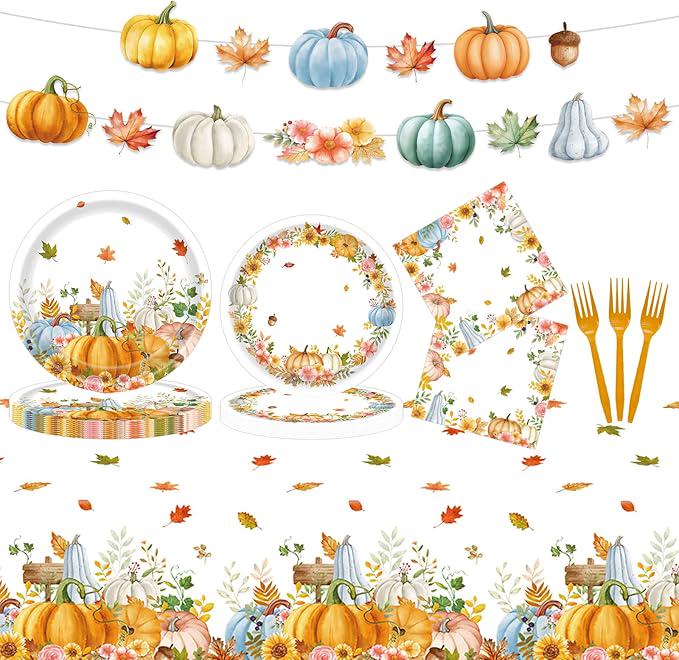 99pcs Fall Thanksgiving Plates Napkins Party Set Pumpkin Leaves Tableware Decor