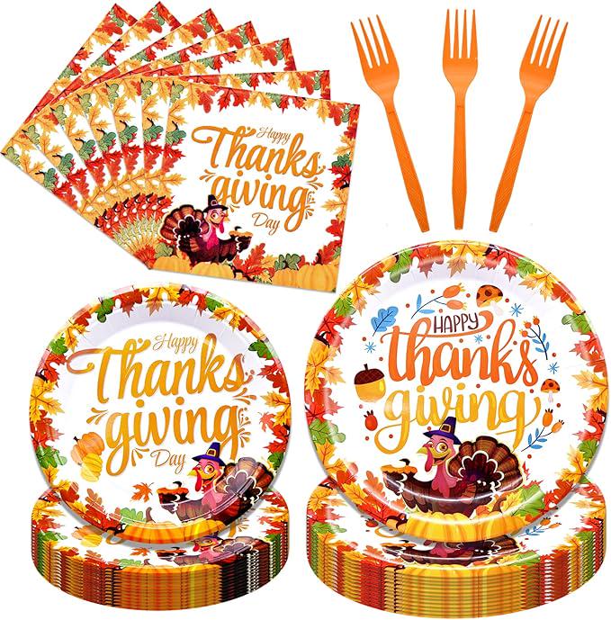 Happy Thanksgiving Tableware Set: 96 Pcs Plates, Napkins & Forks for Fall Dinner