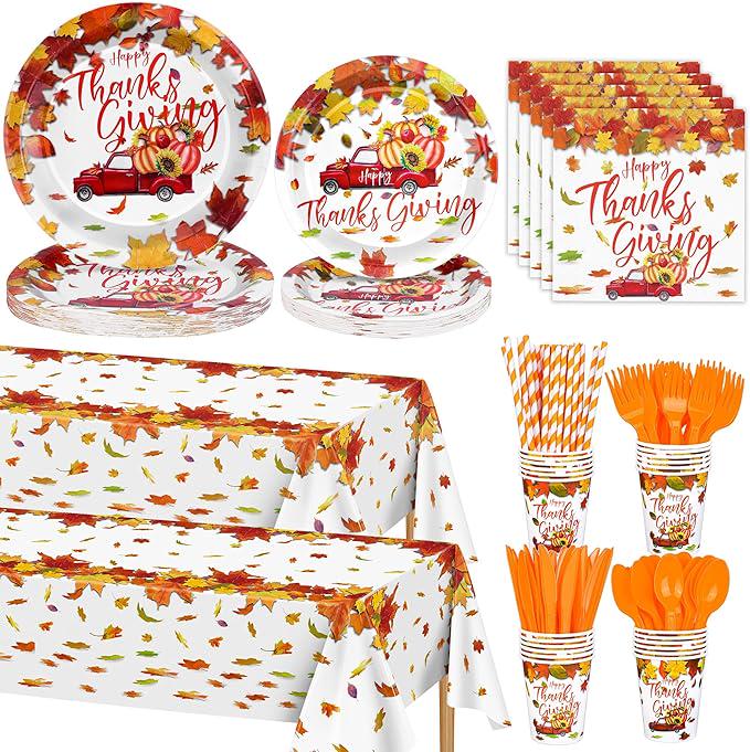 Thanksgiving Tableware Set: 194 Pcs Plates, Cups, Napkins & Cutlery - Serves 24