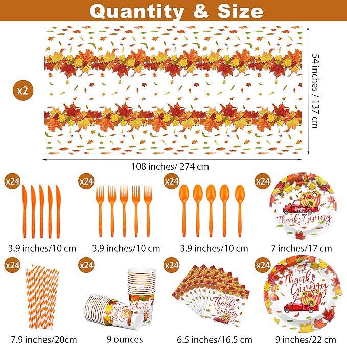 Thanksgiving Tableware Set: 194 Pcs Plates, Cups, Napkins & Cutlery - Serves 24