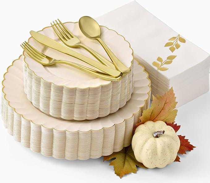 High End Thanksgiving Plates & Napkins Set: 175 Pc Gold Trim Scalloped Plates