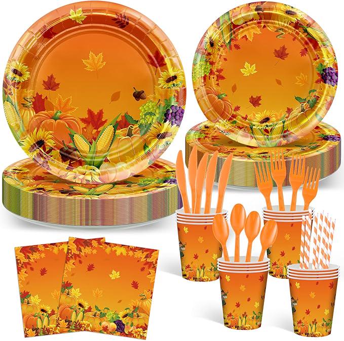 Fall Thanksgiving Tableware Set: 192 Pcs Plates, Napkins & Forks - Serves 24