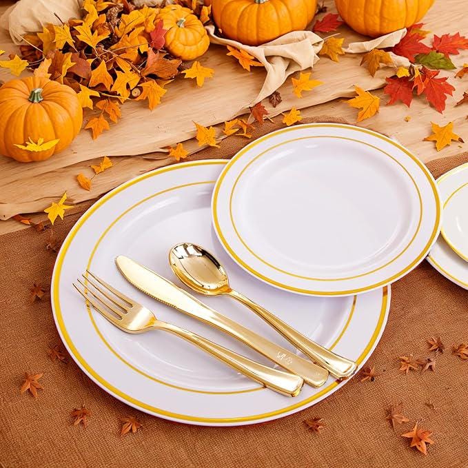 Thanksgiving Plastic Plates Set: 125 Pcs Dinner, Salad Plates & Cutlery for 25