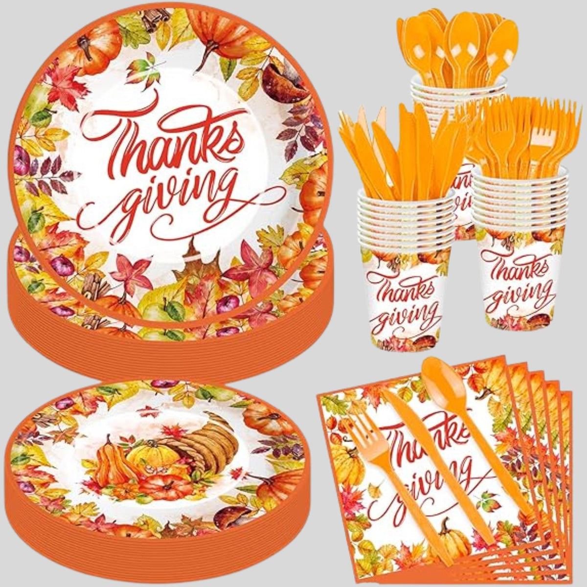 Thanksgiving Tableware Set: 175 Pcs Plates, Cups, Napkins & Cutlery - Serves 25