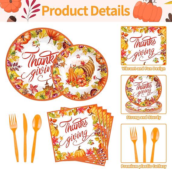 Thanksgiving Tableware Set: 175 Pcs Plates, Cups, Napkins & Cutlery - Serves 25