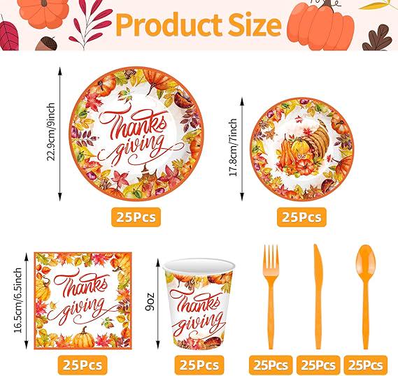 Thanksgiving Tableware Set: 175 Pcs Plates, Cups, Napkins & Cutlery - Serves 25