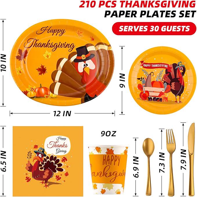 Thanksgiving Paper Plates Set: 210 Pcs for 30 Guests - Plates, Napkins & Cutlery