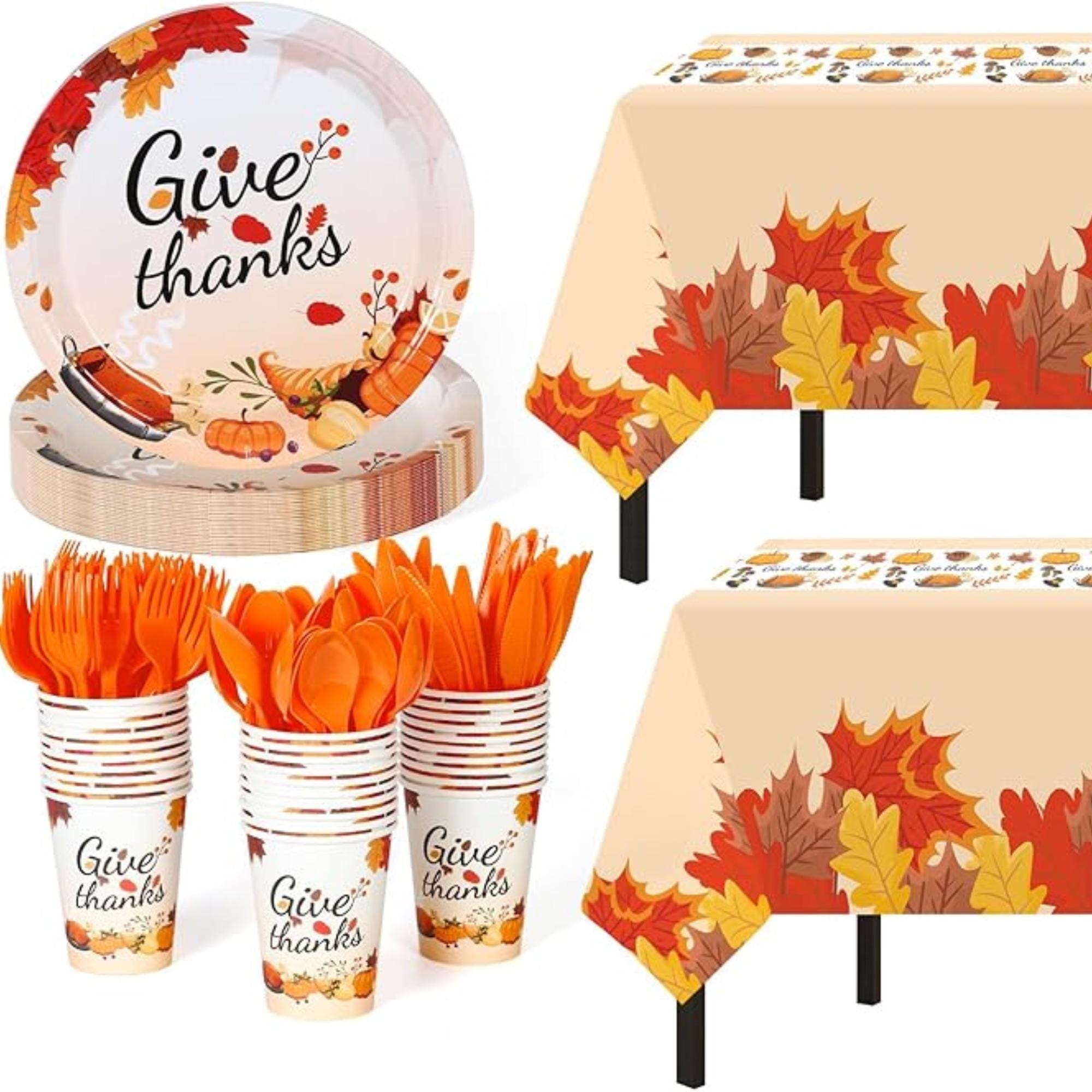 Give Thanks Party Set: 152 Pcs Plates, Cups & Tablecloths for Fall Dinner