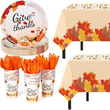 Give Thanks Party Set: 152 Pcs Plates, Cups & Tablecloths for Fall Dinner