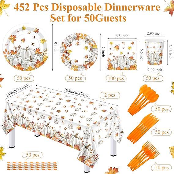 Fall Thanksgiving Tableware Set: 452 Pcs Plates, Napkins & Cutlery - Serves 50