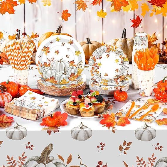 Fall Thanksgiving Tableware Set: 452 Pcs Plates, Napkins & Cutlery - Serves 50