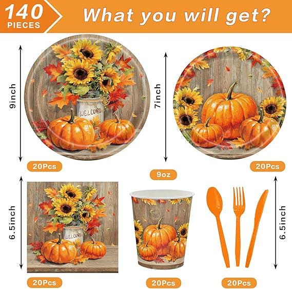 Fall Thanksgiving Tableware Set: 140 Pcs Plates, Napkins & Cutlery - Serves 20