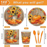 Fall Thanksgiving Tableware Set: 140 Pcs Plates, Napkins & Cutlery - Serves 20
