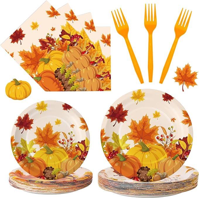Thanksgiving Plates & Napkins Set: 100 Pcs Pumpkin Dinnerware - Serves 25