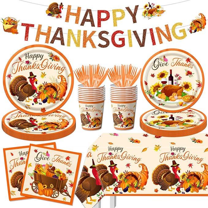 Thanksgiving Tableware Set: 142 Pcs Plates, Napkins & Tablecloth for Fall Dinner