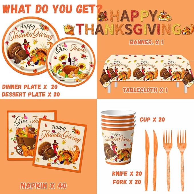 Thanksgiving Tableware Set: 142 Pcs Plates, Napkins & Tablecloth for Fall Dinner