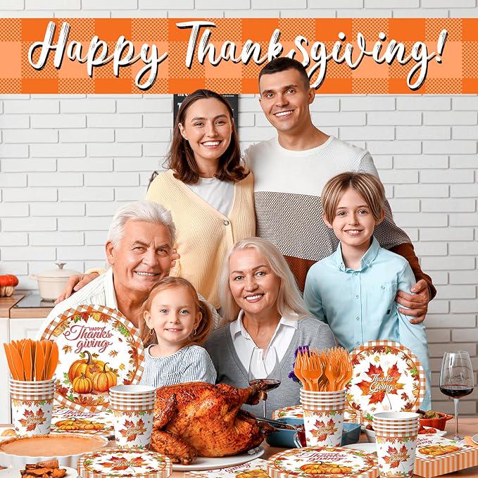 Thanksgiving Plates & Napkins Set: Buffalo Plaid Pumpkin Dinnerware - Serves 24
