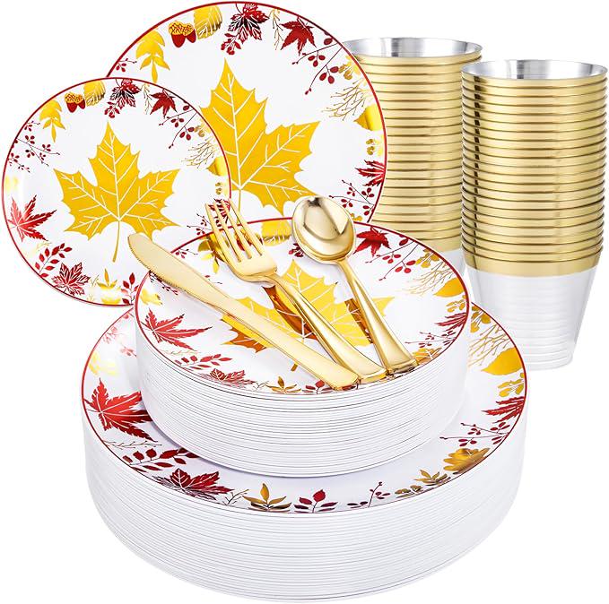 Thanksgiving Plates Dinnerware: 150 Pcs Plastic Plates & Gold Silverware Set