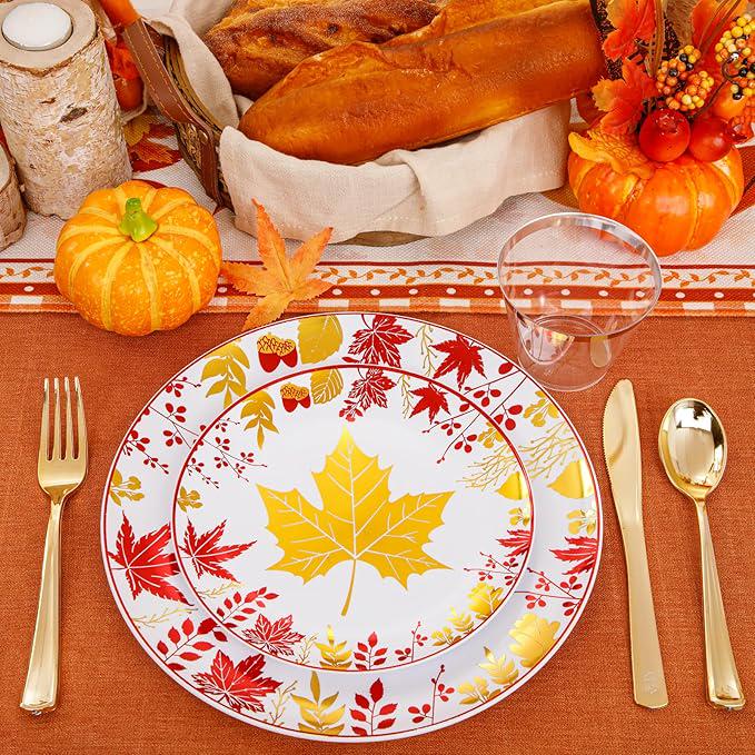 Thanksgiving Plates Dinnerware: 150 Pcs Plastic Plates & Gold Silverware Set