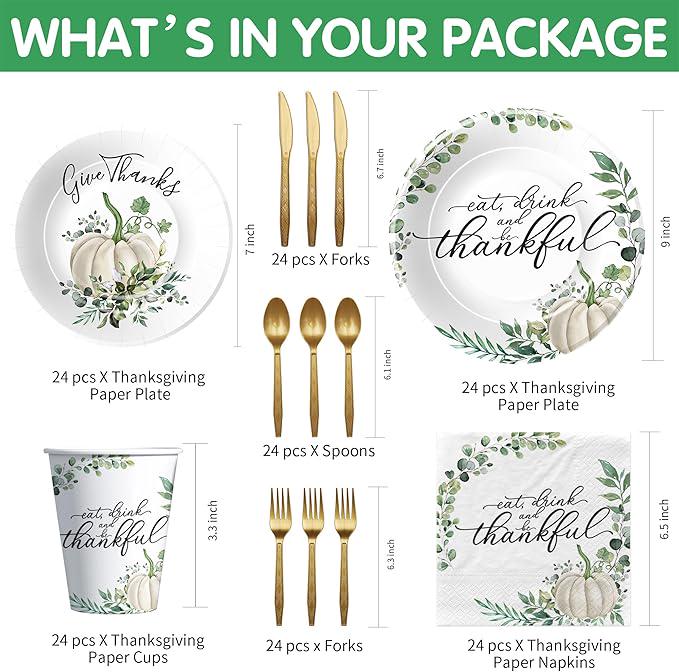 Thanksgiving Plates & Napkins Set: Fall Pumpkin Dinnerware and Cutlery - Serves 24