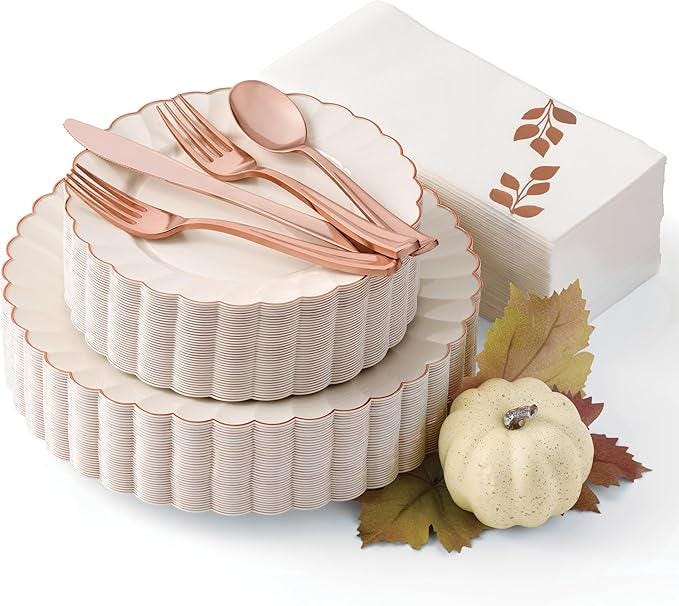 HEAVYWEIGHT Thanksgiving Plastic Plates Set: 175 Pc Rose Gold Trim - Serves 25