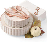 HEAVYWEIGHT Thanksgiving Plastic Plates Set: 175 Pc Rose Gold Trim - Serves 25