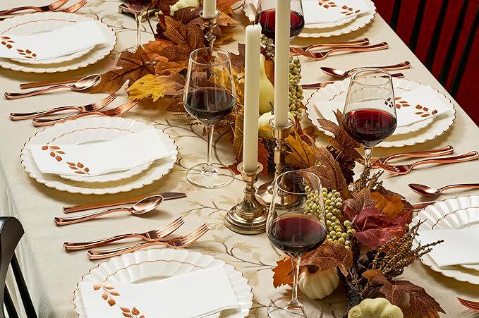 HEAVYWEIGHT Thanksgiving Plastic Plates Set: 175 Pc Rose Gold Trim - Serves 25