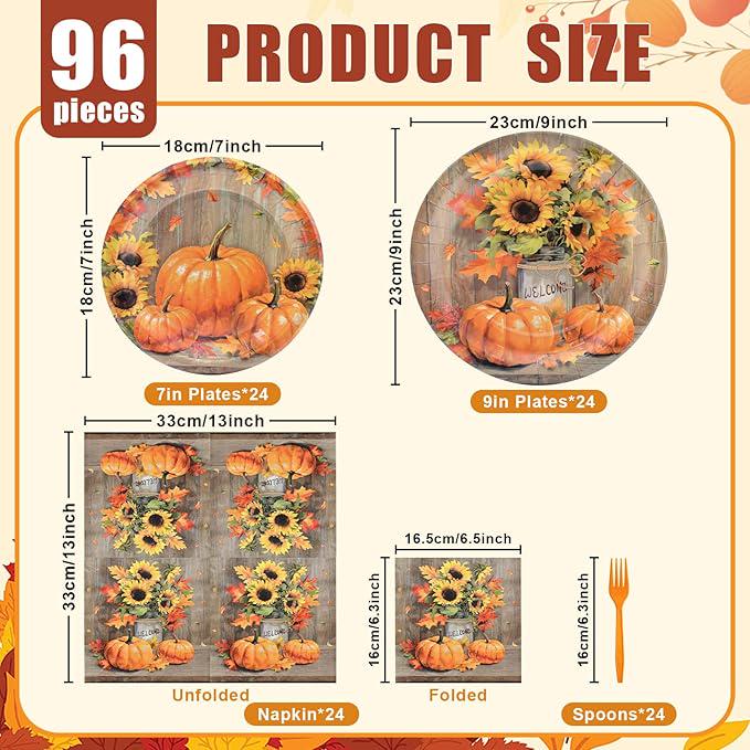 Thanksgiving Tableware Set: 96 Pcs Rustic Pumpkin & Sunflower Dinnerware - Serves 24