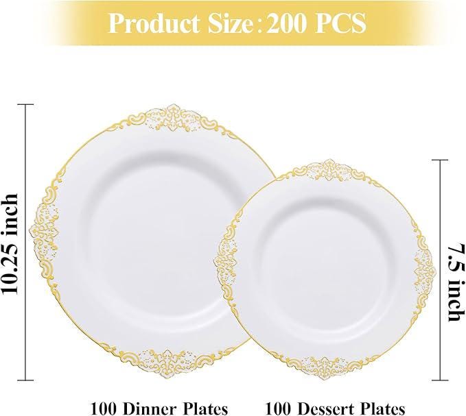 White & Gold Plastic Plates Set: 200 Pcs Dinner and Dessert Plates - Serves 100