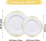 White & Gold Plastic Plates Set: 200 Pcs Dinner and Dessert Plates - Serves 100