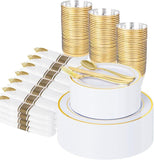 350-Pc Gold Disposable Plates & Cutlery Set - Dinner Plates, Cups and Forks for 50